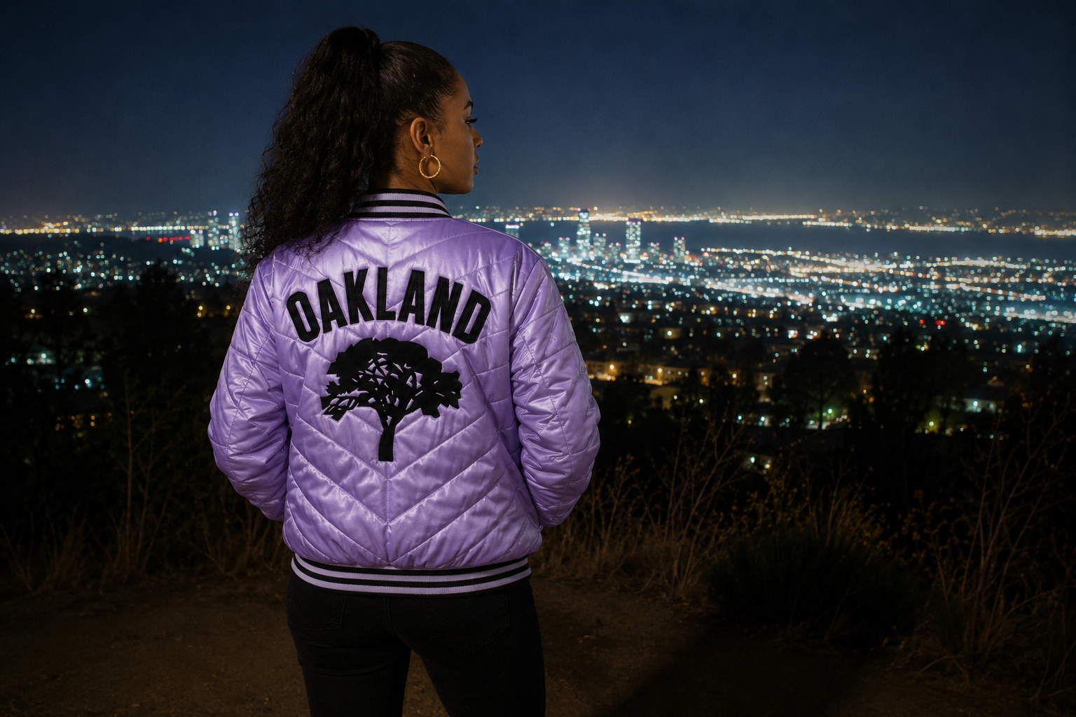 Lavender Oakland Quilted Bomber Jacket | Oakland's Own Embroidered Lavender Oakland Quilted Bomber Jacket | Oakland's Own Embroidered